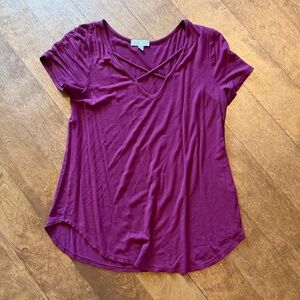 emory park Plum Crisscross V-Neck Short Sleeve Tee